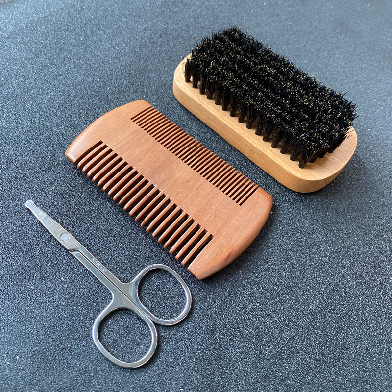 Men Grooming Hygiene - ชุดดูแลเคราสำหรับผู้ชาย, แปรงปัดเครา, วัสดุขนแปรง, หวีเครา, กรรไกร, พร้อมถุงเก็บของ,
