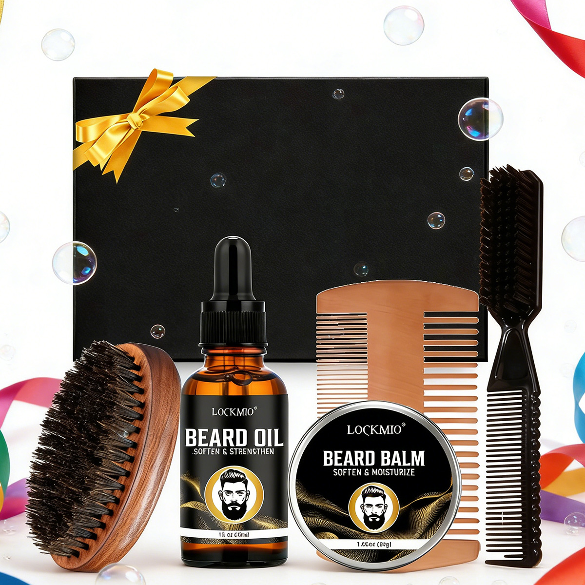 Beard Oil Growth - ผลิตภัณฑ์จัดแต่งทรงหนวดเครา LOCKMIO สำหรับผู้ชาย น้ำมันบำรุงหนวดเคราให้ความชุ่มชื้นยาวนาน ช่วยให้หนวดเครานุ่มและเรียบลื่น ชุดอุปกรณ์เสริม