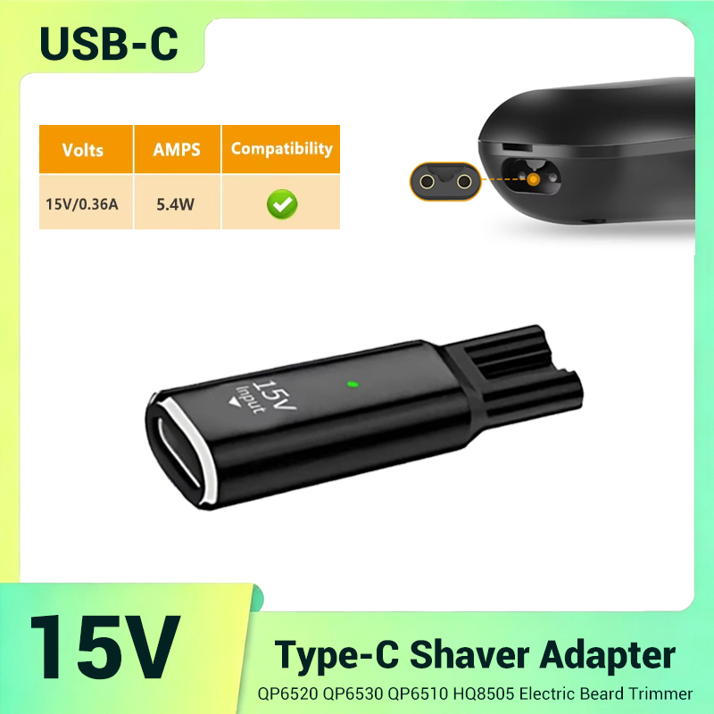 Electric Shaver Rotary - อะแดปเตอร์ชาร์จขนาดเล็กแบบปลอดภัยและเสถียร 15V USB-C สำหรับเครื่องโกนหนวดไฟฟ้า Philips Norelco